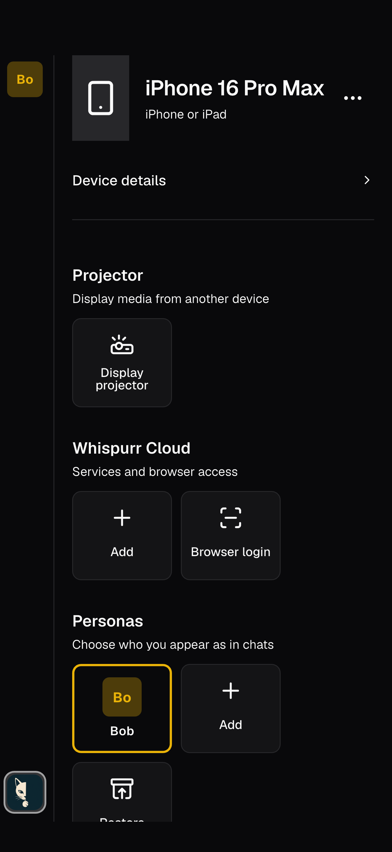 Whispurr Account view with this device, Projector, cloud services, and personas