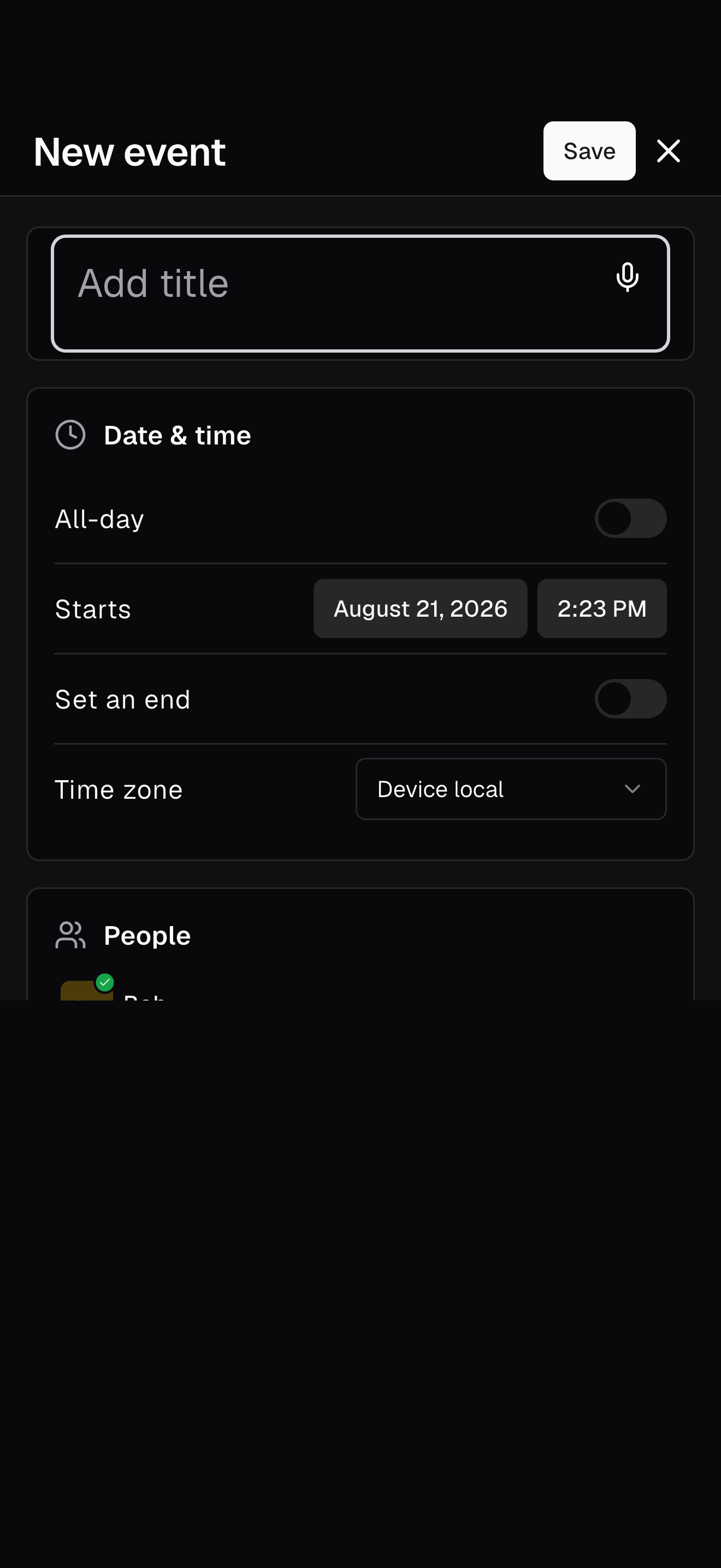 Whispurr new Journal event editor with title, date, time, and people