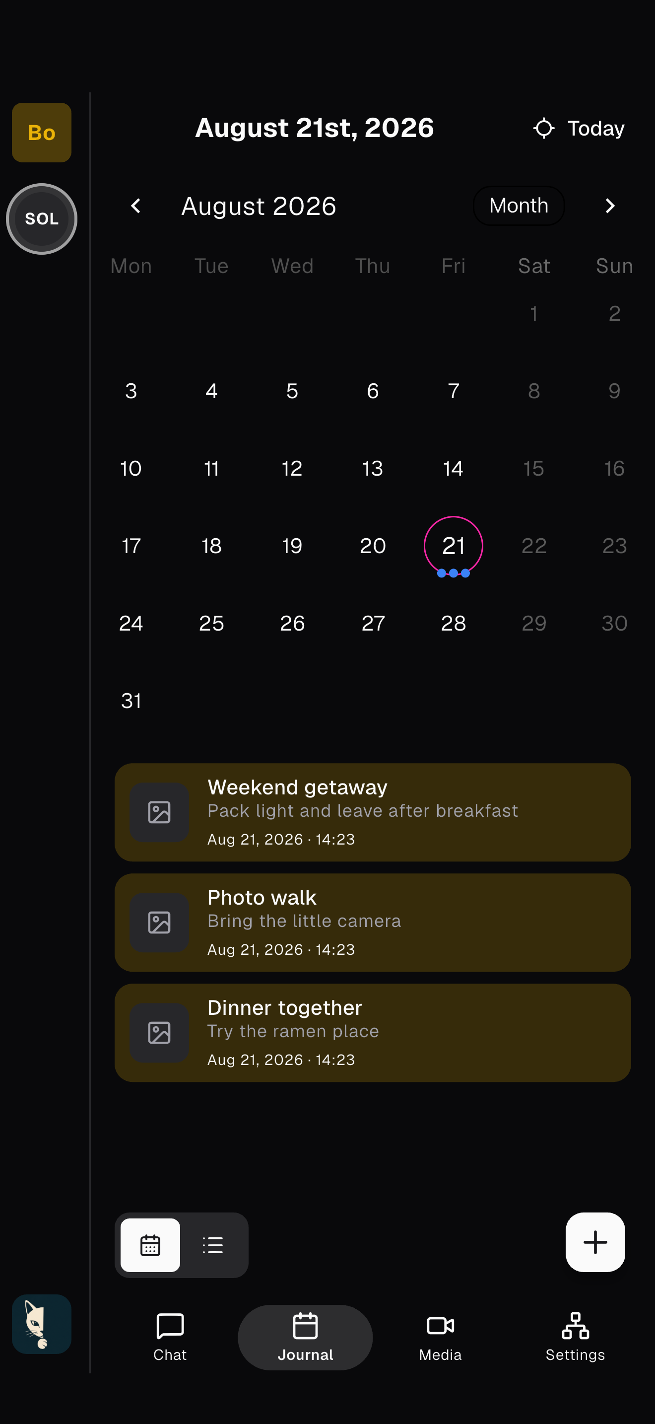 Whispurr Journal month calendar with events and a create button