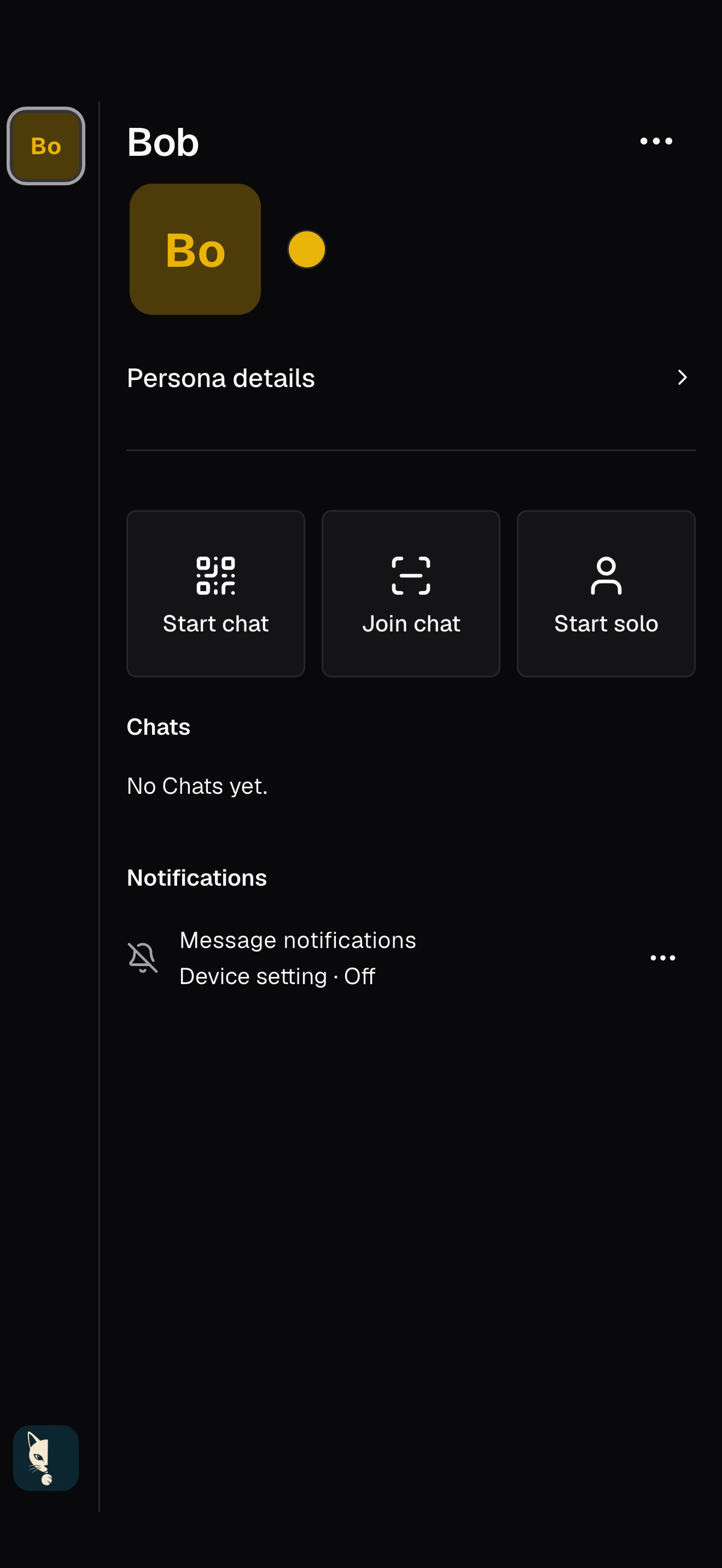 Whispurr persona view with the chat switcher, chat actions, and chat list