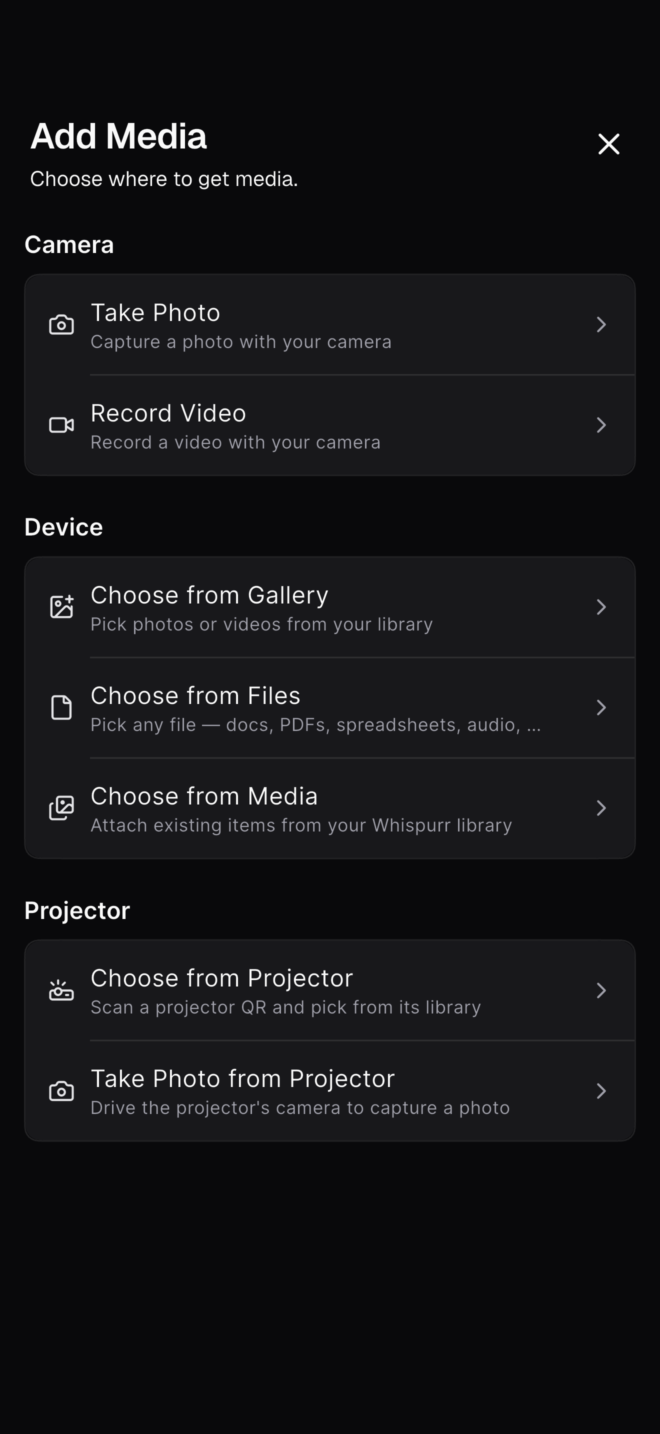 Whispurr Add Media view with camera, device, and Projector sources