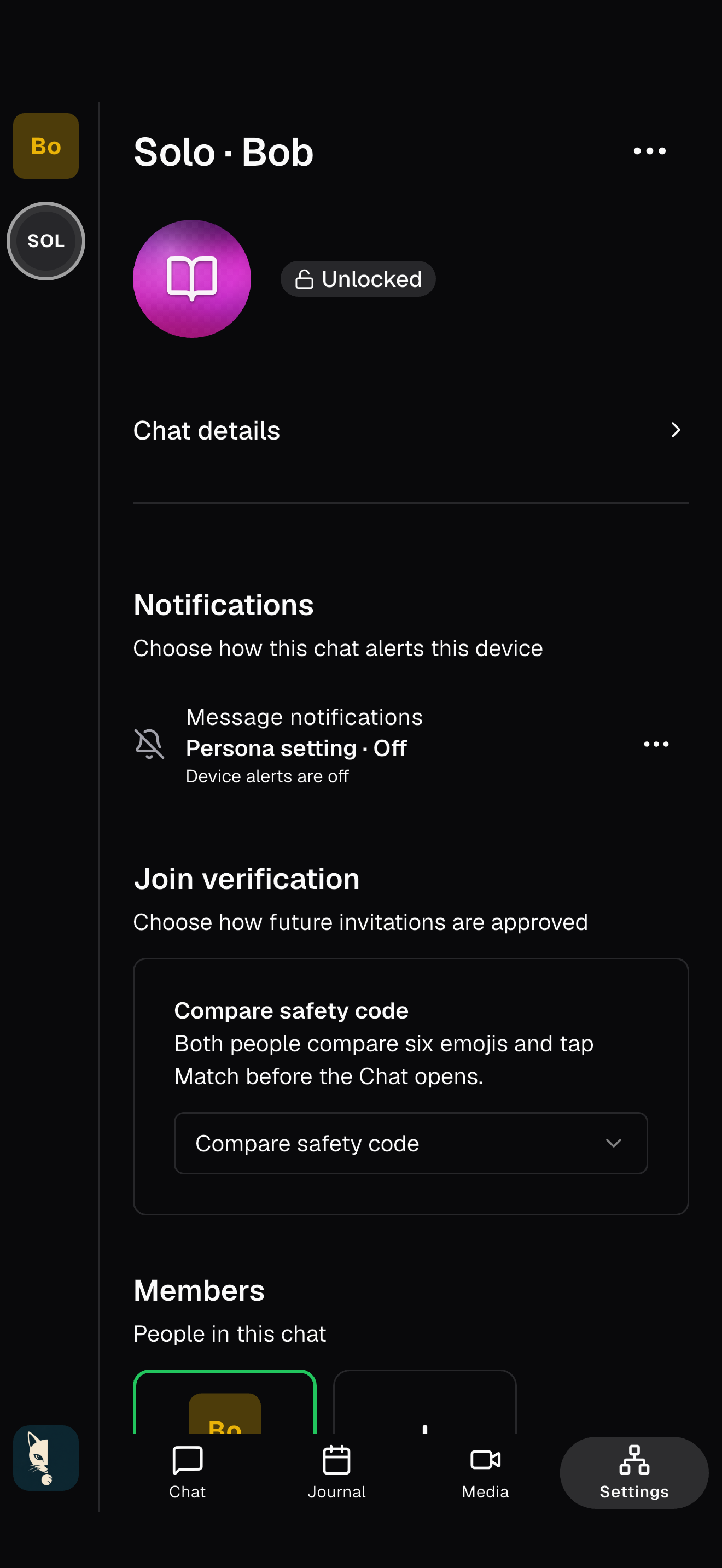 Whispurr chat settings with identity, members, invitations, and activity tags